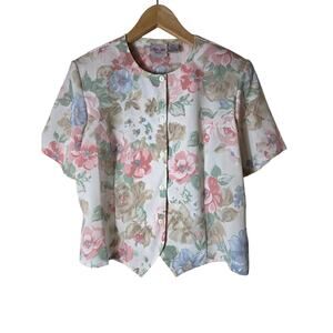 TAN JAY Petite Pastel Pink Blue Floral 90s Retro Boxy Waist Length Top SZ 10P